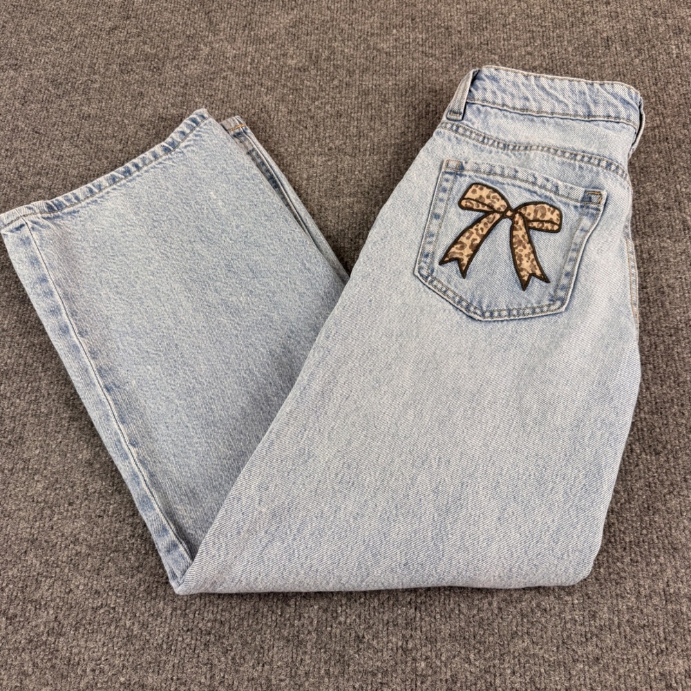 Aeropostale Aero Baggy Wide Leg Jeans Women 00 Short Light Wash Leopard Bows EXC